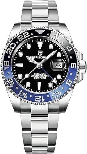 Pagani Design Men's GMT Automatic Watch Sapphire Glass Fashion Business Stainless Steel Watch (Black Blue)