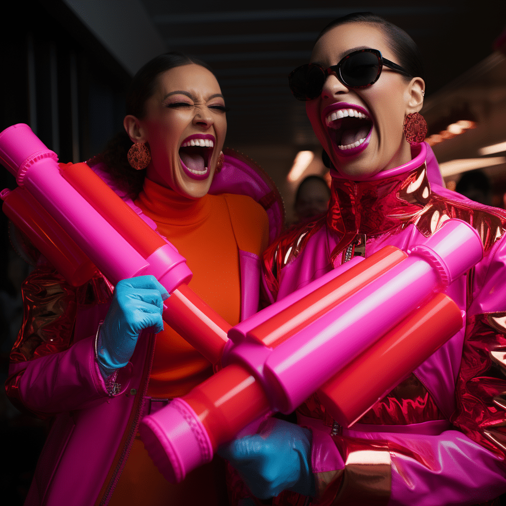 Female Supermodels Laughing While Holding Tricked Out Neon Bazookas