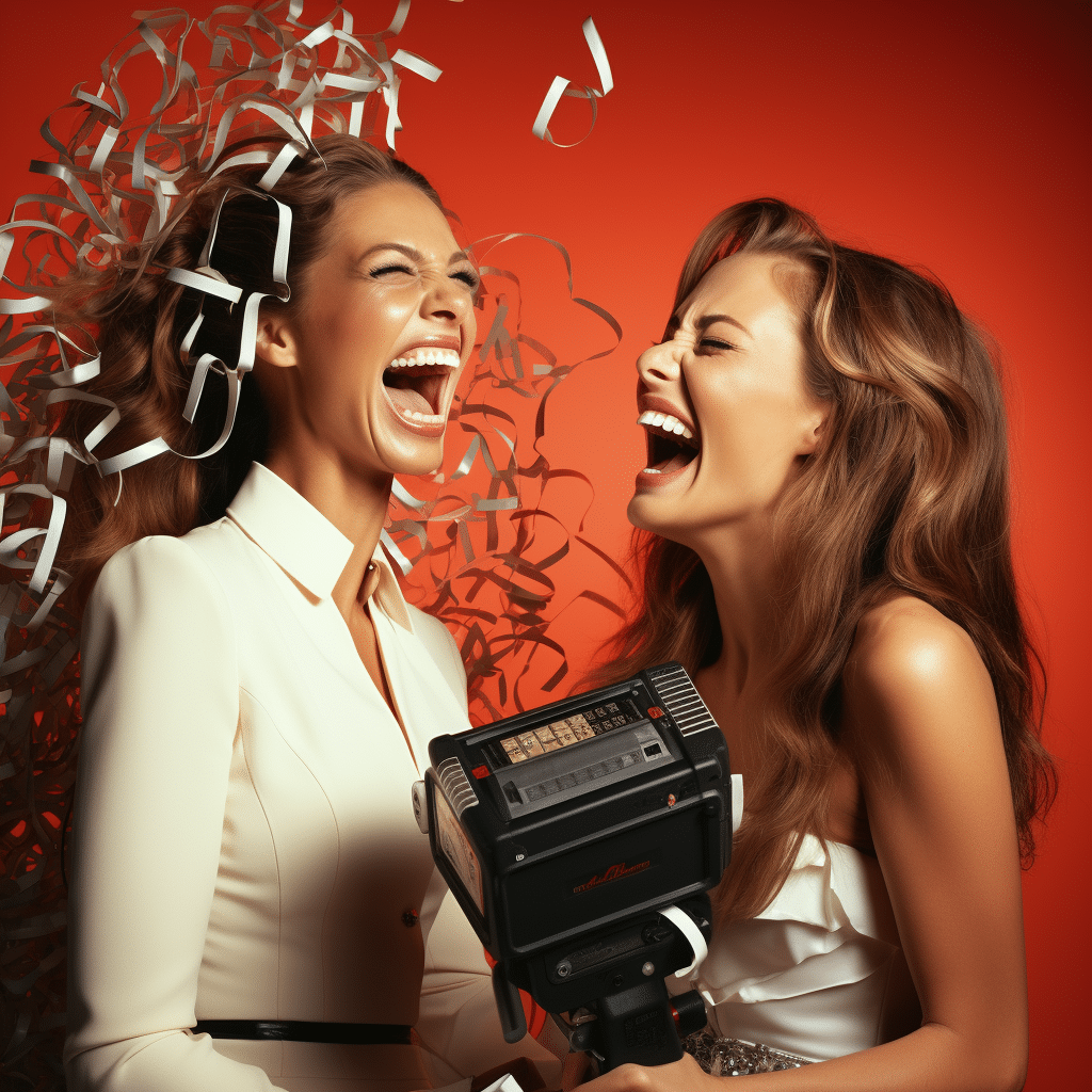 Female Supermodels with Vhs Video Cameras Laughing